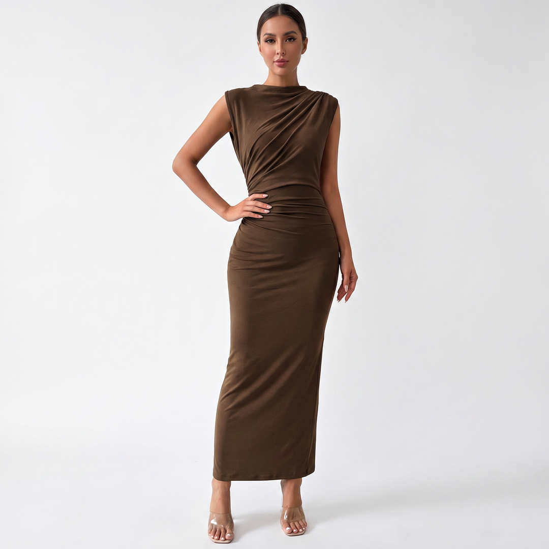 Women's Ruched Side Bodycon Maxi Dress Sleeveless High Neck Formal Occasion Dress