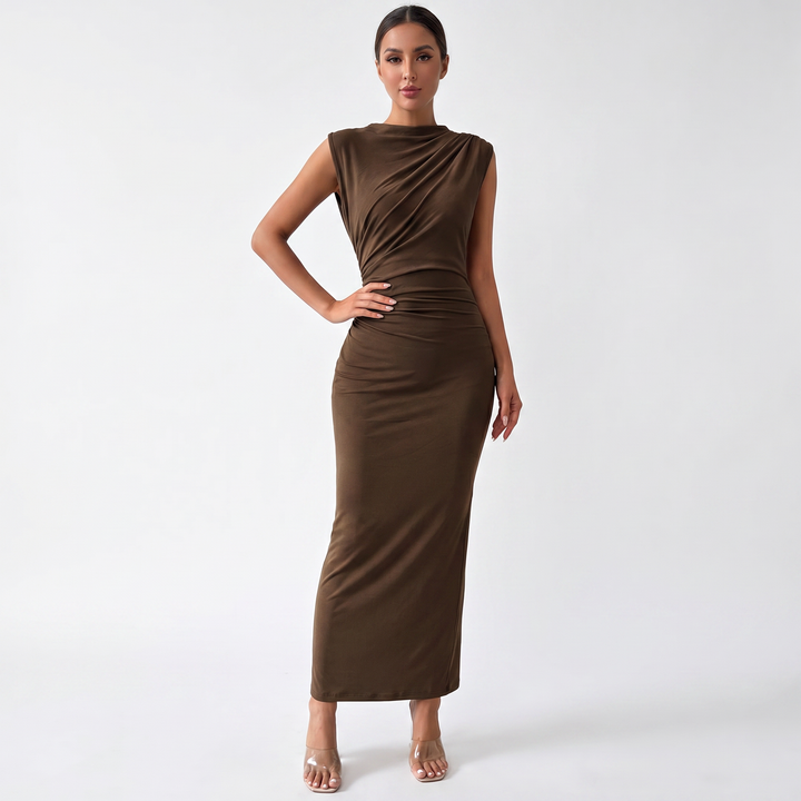 Women's Ruched Side Bodycon Maxi Dress Sleeveless High Neck Formal Occasion Dress