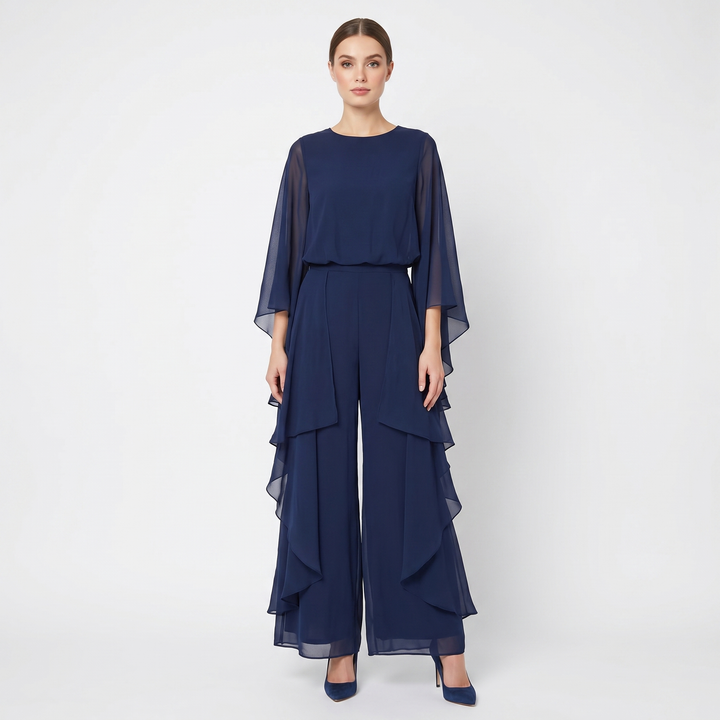 Women's Chiffon Cape Sleeve Maxi Dress Ruffle Side Batwing Formal Evening Gown