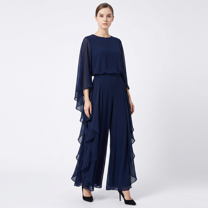Women's Chiffon Cape Sleeve Maxi Dress Ruffle Side Batwing Formal Evening Gown