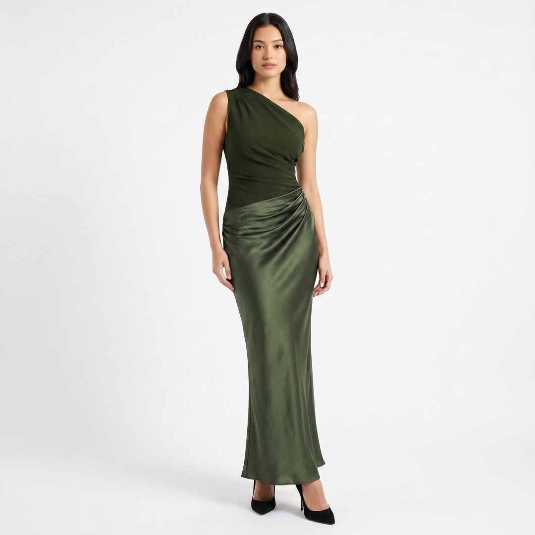 Women's One Shoulder Satin Maxi Dress Ruched Waist Bodycon Formal Evening Gown
