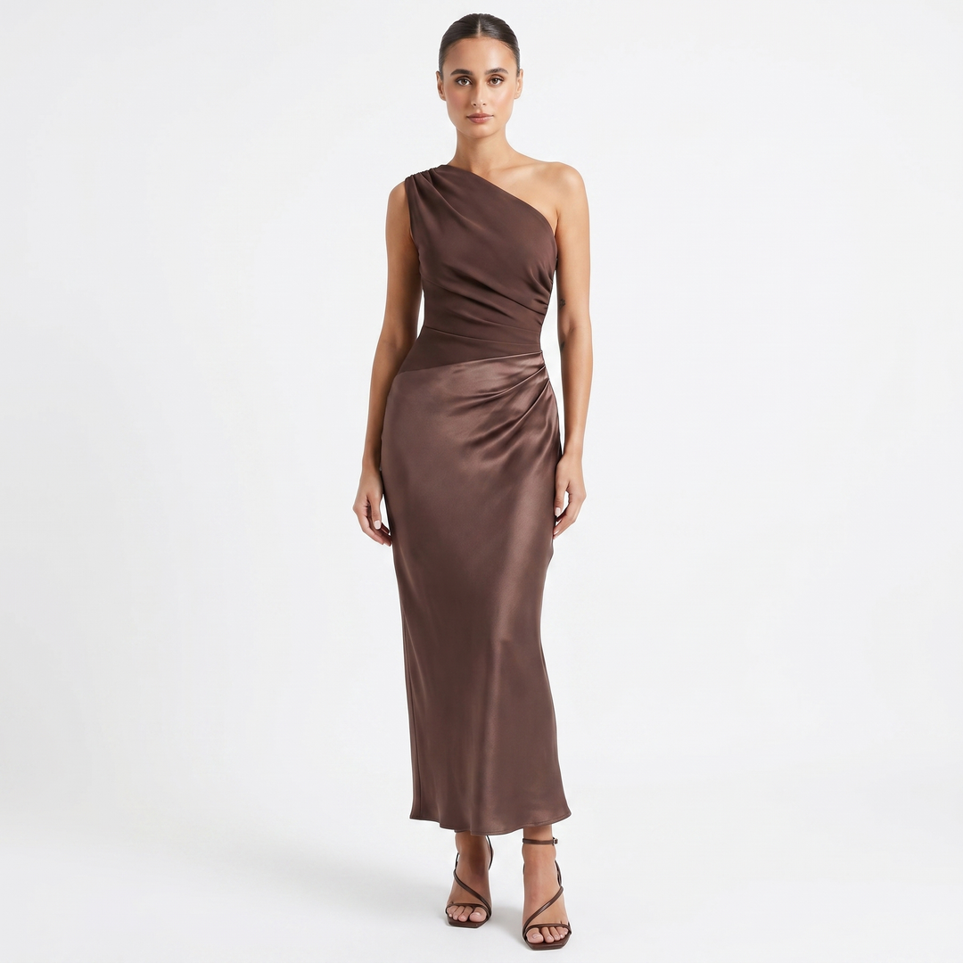 Women's One Shoulder Satin Maxi Dress Ruched Waist Bodycon Formal Evening Gown
