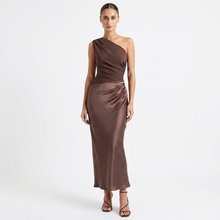 Women's One Shoulder Satin Maxi Dress Ruched Waist Bodycon Formal Evening Gown