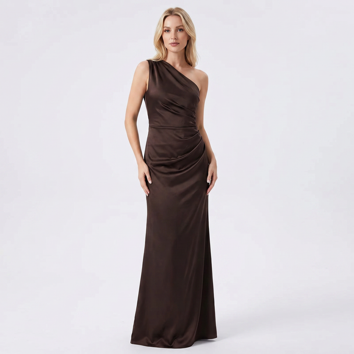 Women's One-Shoulder Satin Maxi Dress Ruched Bodycon Formal Gown
