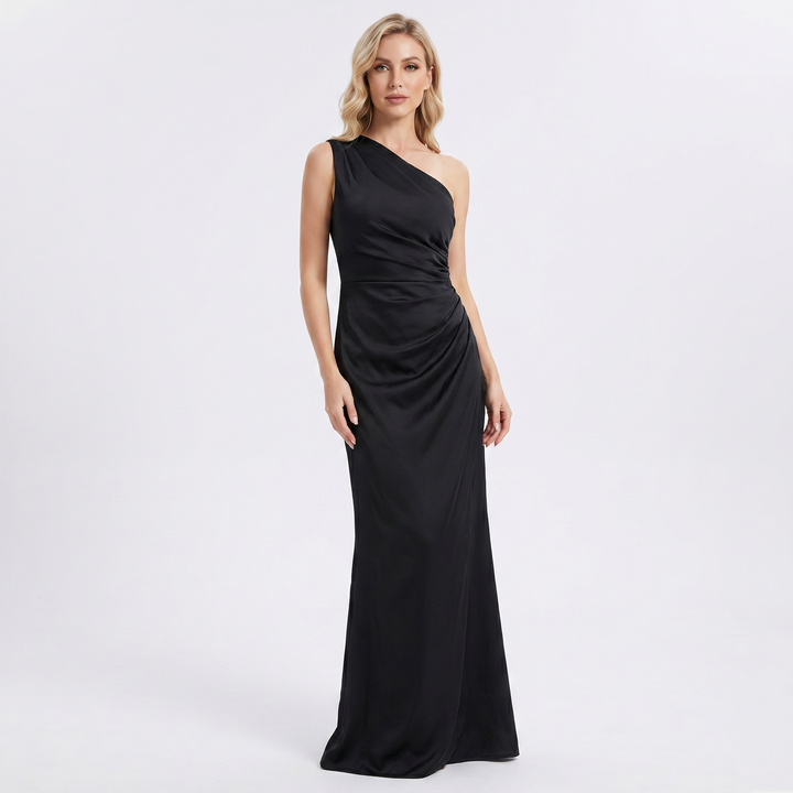 Women's One-Shoulder Satin Maxi Dress Ruched Bodycon Formal Gown