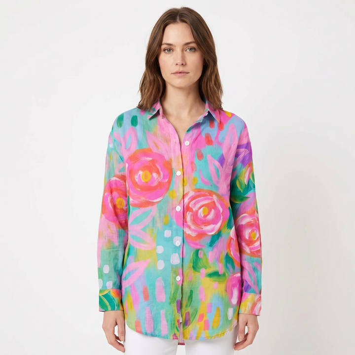 Women's Floral Print Long-Sleeve Button-Down Shirt Casual Loose Blouse