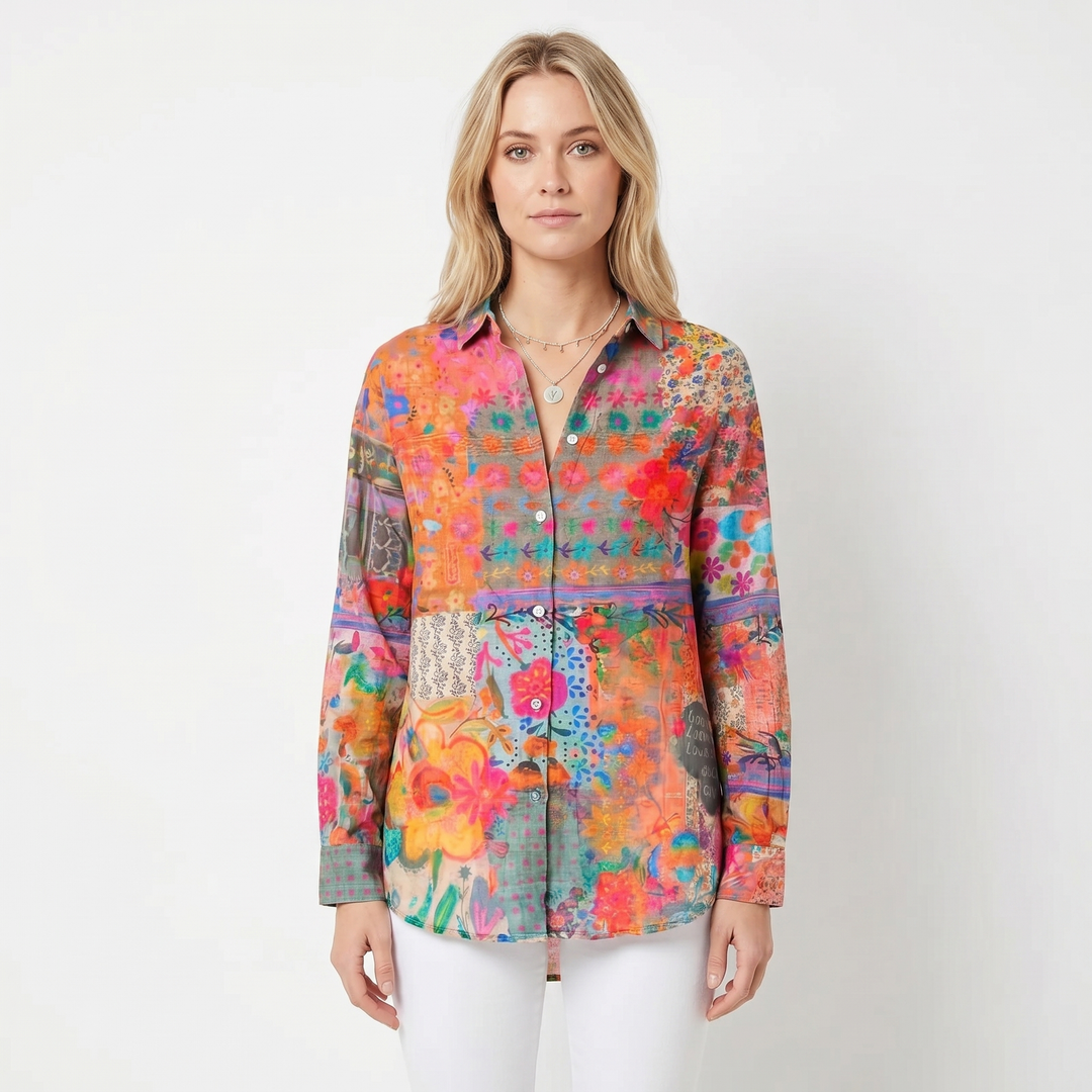 Women's Floral Print Long-Sleeve Button-Down Shirt Casual Loose Blouse