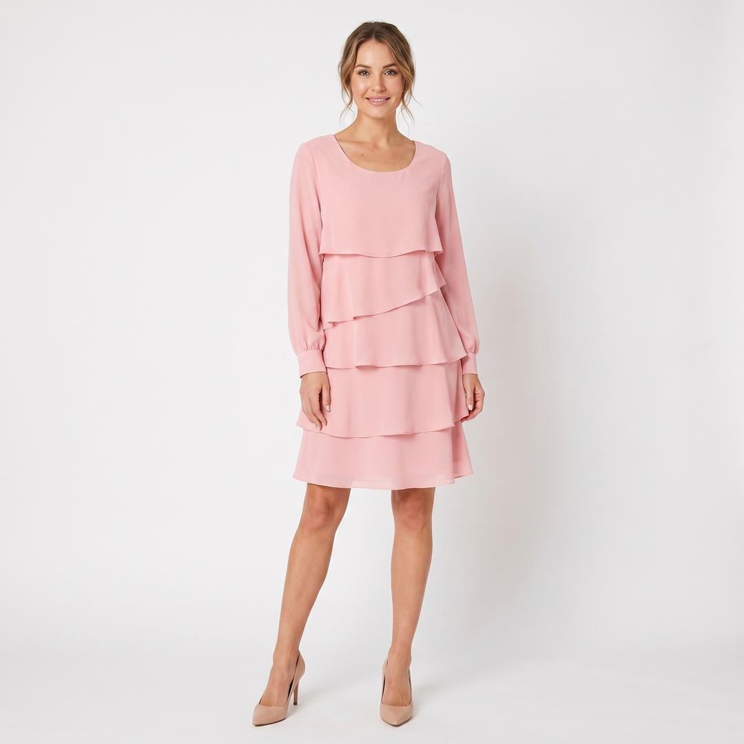 Women's Tiered Ruffle Chiffon Mini Dress Long Sleeve Layered Wedding Guest Dress
