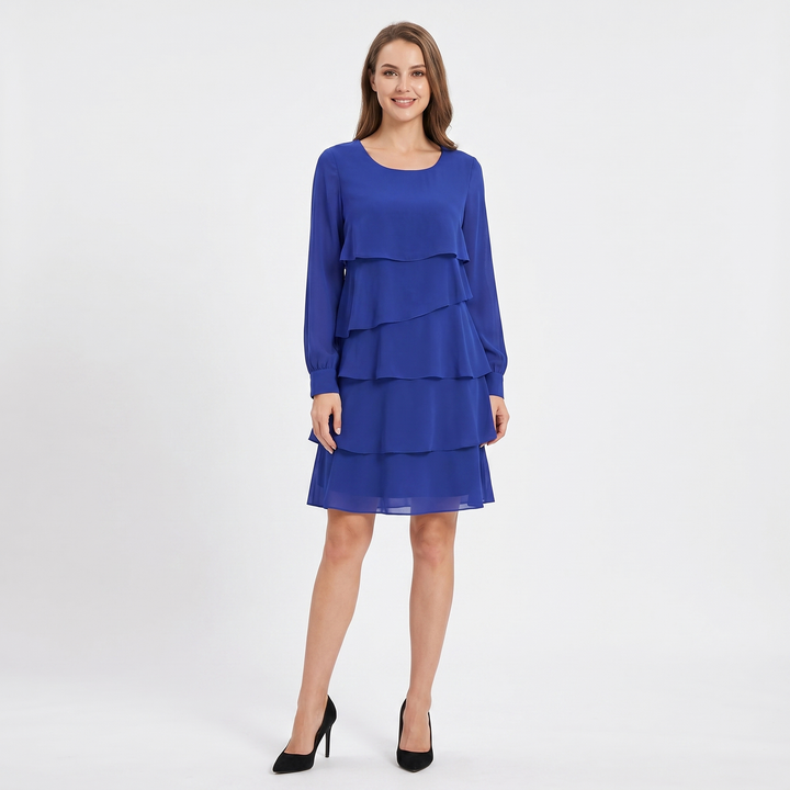 Women's Tiered Ruffle Chiffon Mini Dress Long Sleeve Layered Wedding Guest Dress
