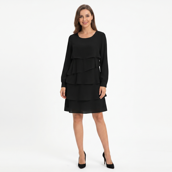 Women's Tiered Ruffle Chiffon Mini Dress Long Sleeve Layered Wedding Guest Dress