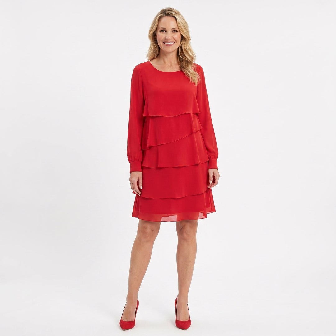 Women's Tiered Ruffle Chiffon Mini Dress Long Sleeve Layered Wedding Guest Dress