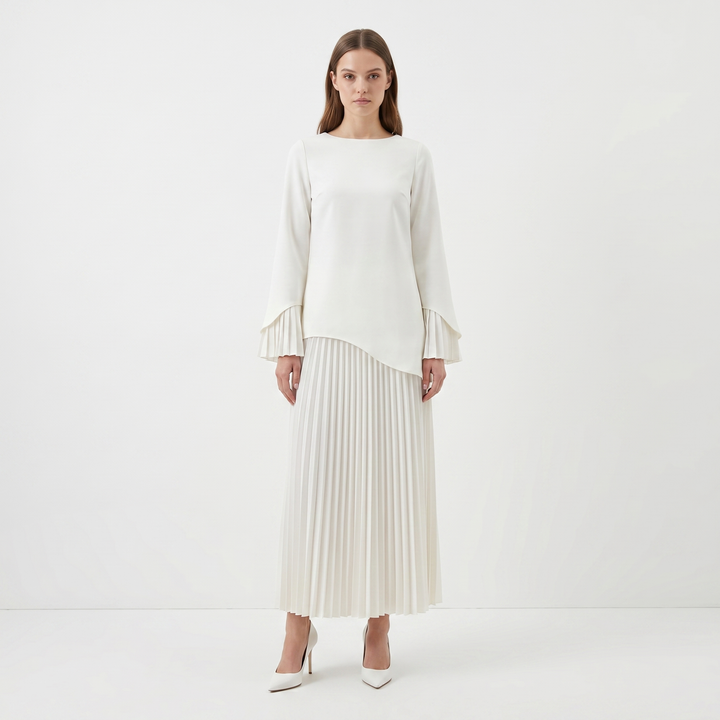 Women's Pleated Skirt Maxi Dress Asymmetric Hem Long Sleeve Fluted Cuff Modest Formal