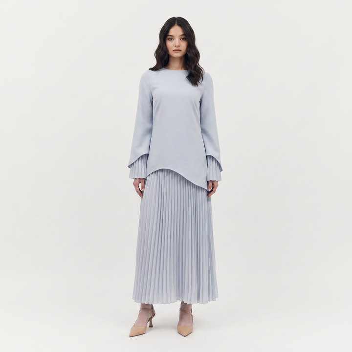 Women's Pleated Skirt Maxi Dress Asymmetric Hem Long Sleeve Fluted Cuff Modest Formal