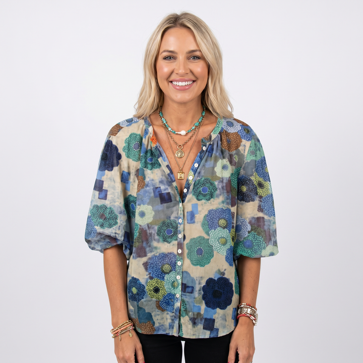 Women's Boho Floral Print V-Neck Blouse Puff Sleeve Button-Down Casual Shirt
