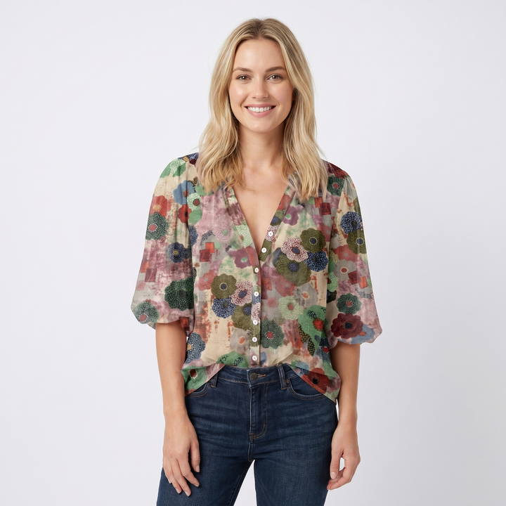 Women's Boho Floral Print V-Neck Blouse Puff Sleeve Button-Down Casual Shirt