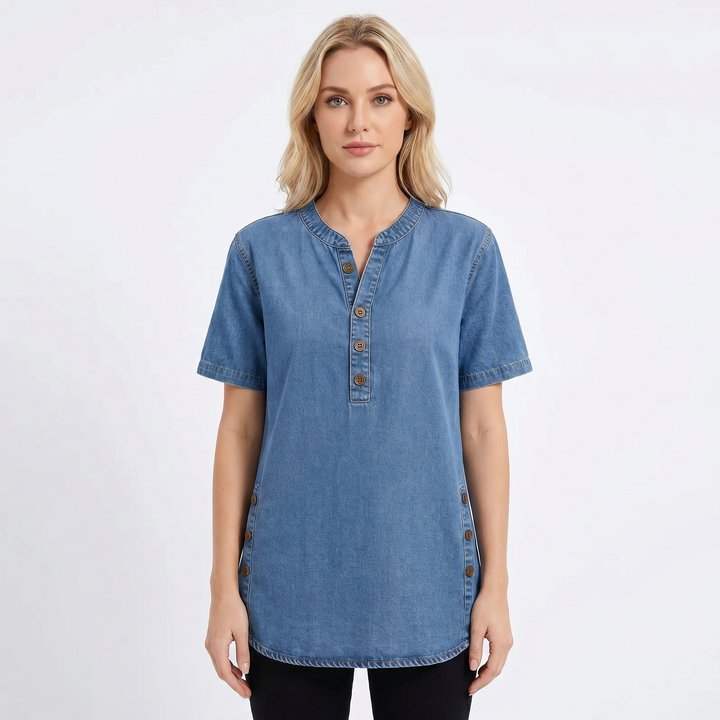 Women's Denim Henley Top Short Sleeve Button-Front Casual Jean Blouse