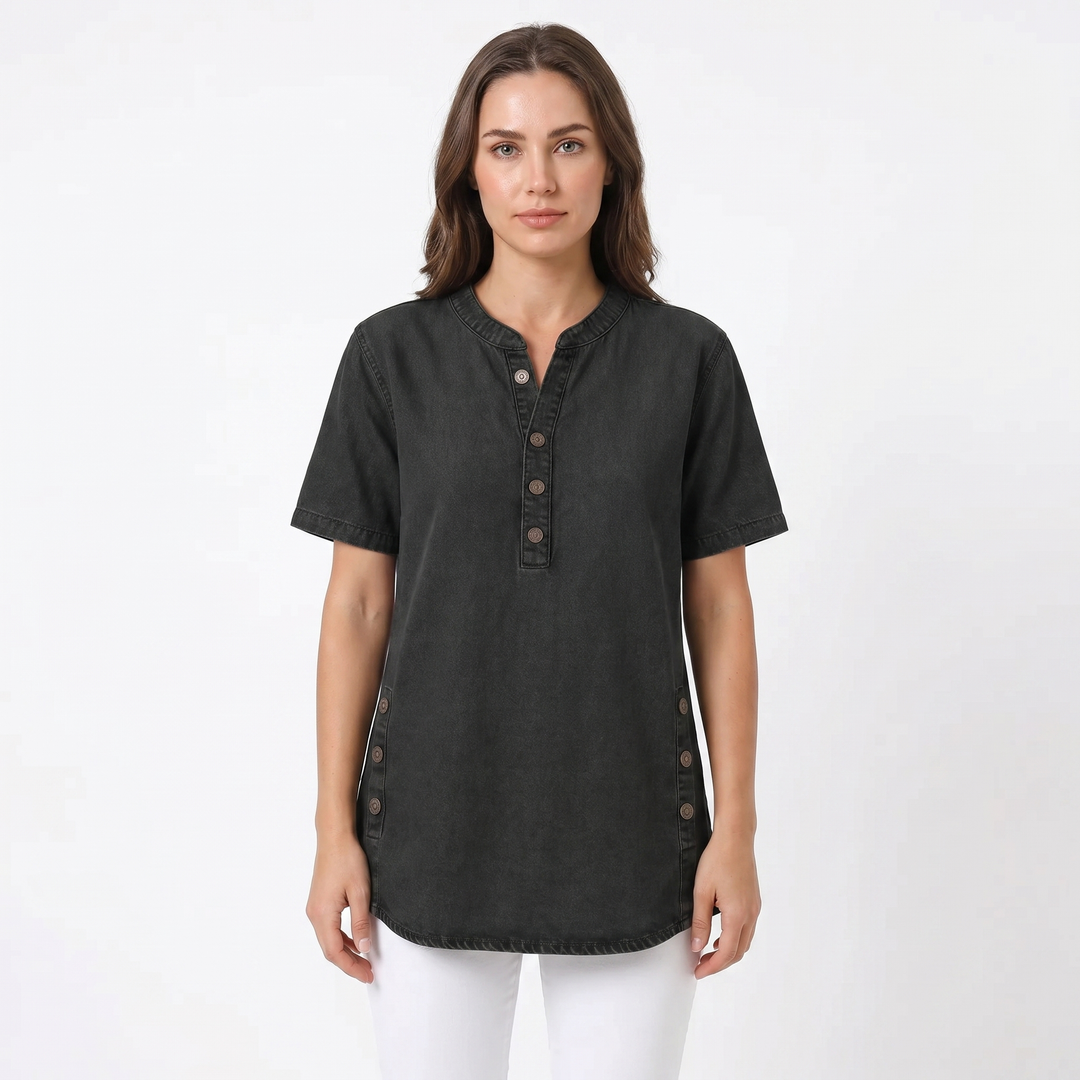 Women's Denim Henley Top Short Sleeve Button-Front Casual Jean Blouse