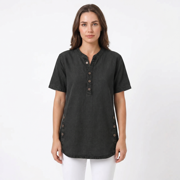 Women's Denim Henley Top Short Sleeve Button-Front Casual Jean Blouse