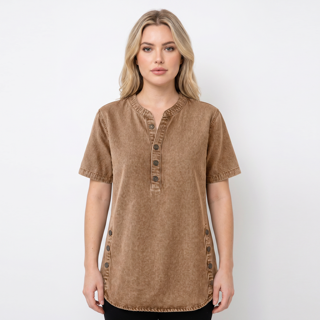 Women's Denim Henley Top Short Sleeve Button-Front Casual Jean Blouse