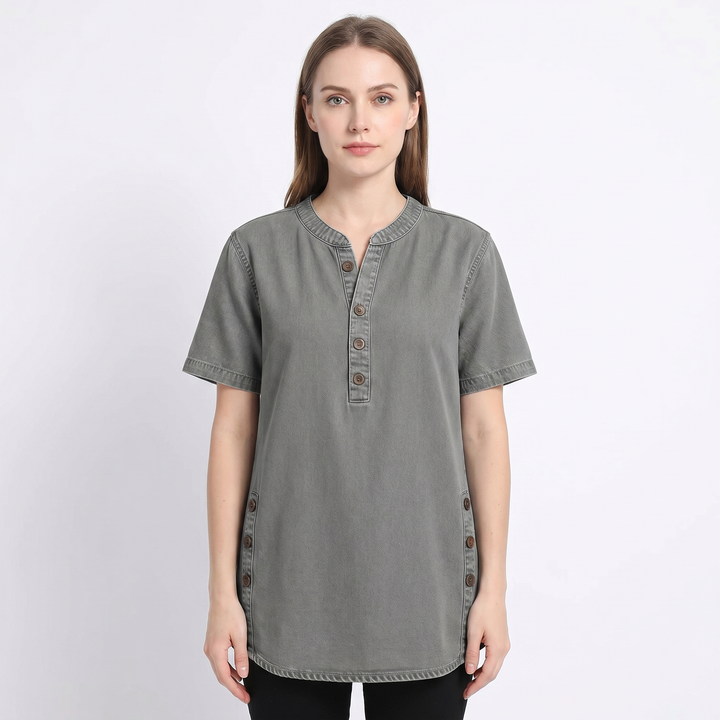 Women's Denim Henley Top Short Sleeve Button-Front Casual Jean Blouse