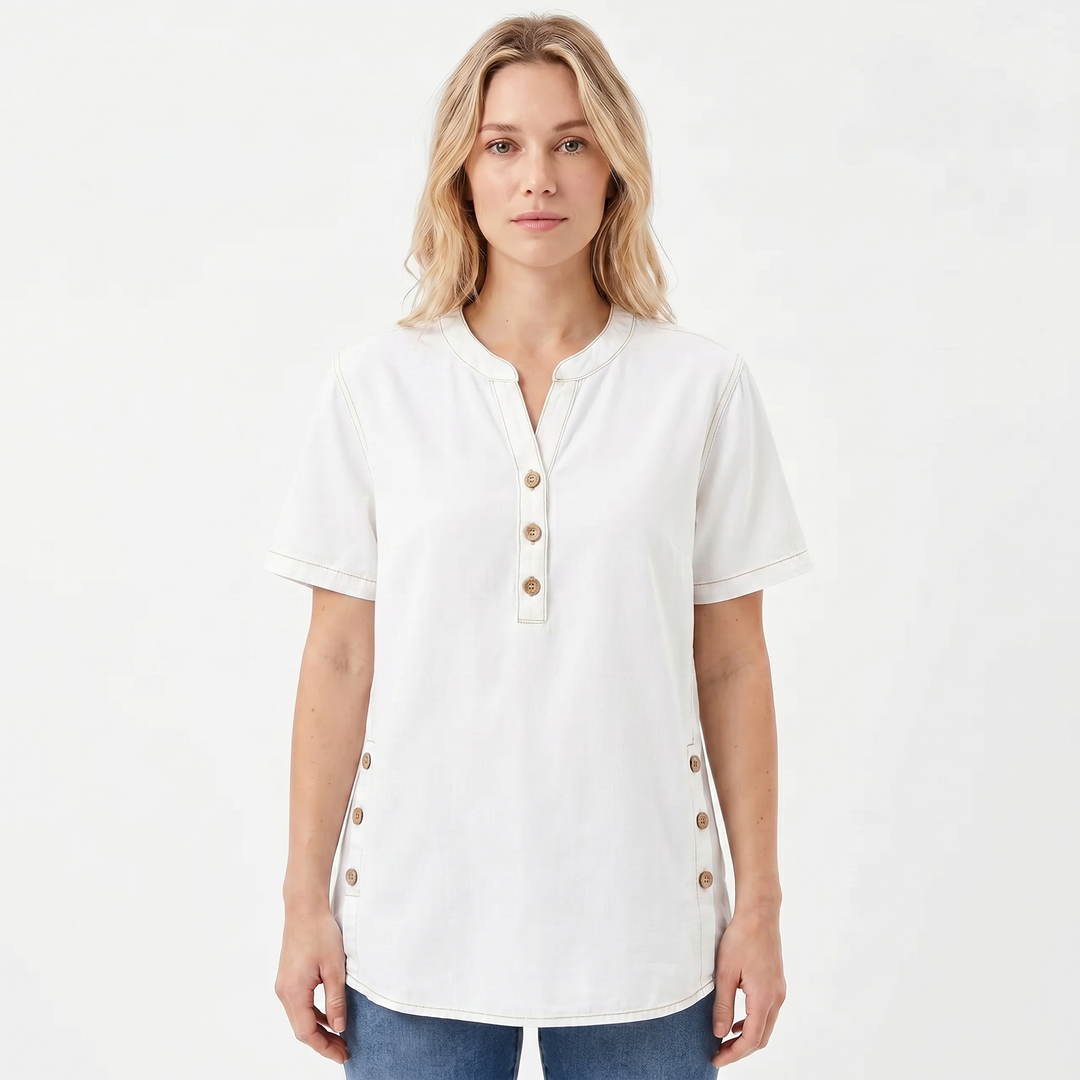 Women's Denim Henley Top Short Sleeve Button-Front Casual Jean Blouse