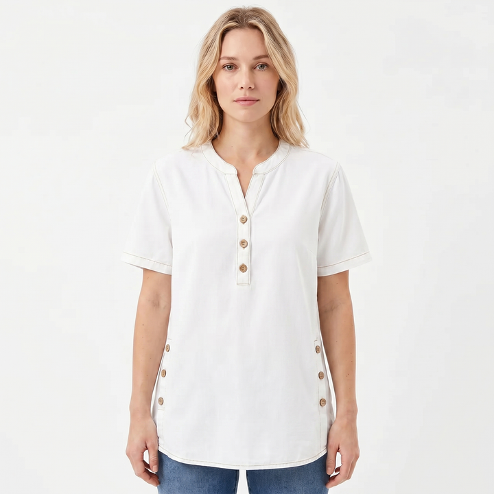 Women's Denim Henley Top Short Sleeve Button-Front Casual Jean Blouse