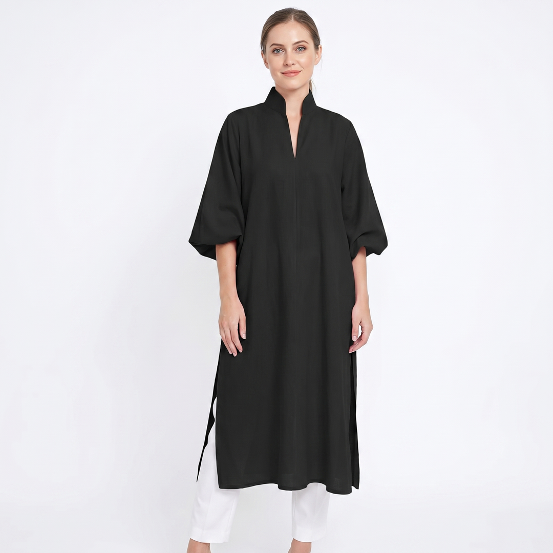 Women's Oversized Puff Sleeve Midi Shirt Dress Stand Collar Elegant Kaftan Dress