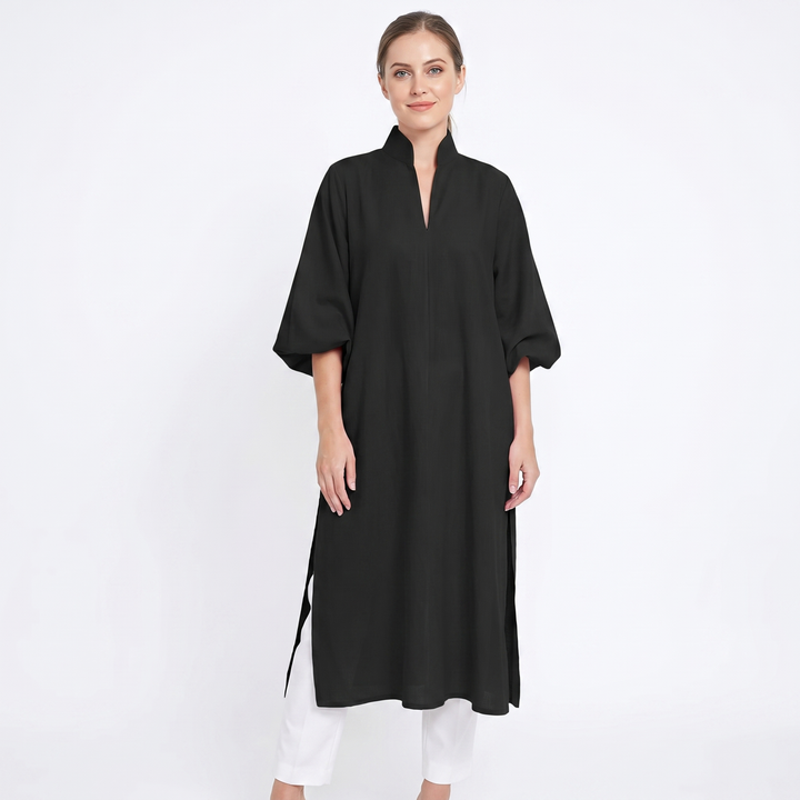 Women's Oversized Puff Sleeve Midi Shirt Dress Stand Collar Elegant Kaftan Dress
