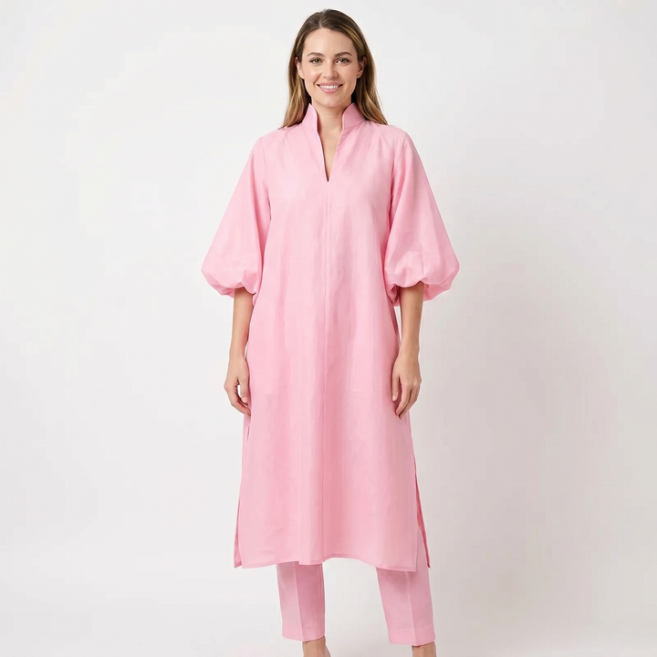 Women's Oversized Puff Sleeve Midi Shirt Dress Stand Collar Elegant Kaftan Dress