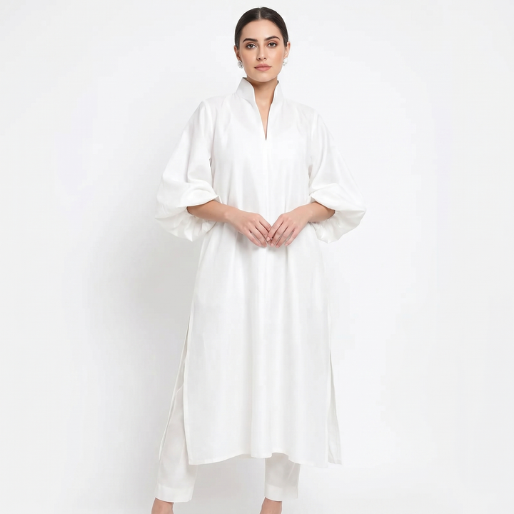 Women's Oversized Puff Sleeve Midi Shirt Dress Stand Collar Elegant Kaftan Dress