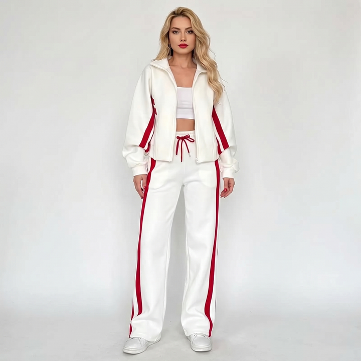 Women's Striped Tracksuit Set Zip-Up Jacket Wide-Leg Jogger Pants Two-Piece Loungewear