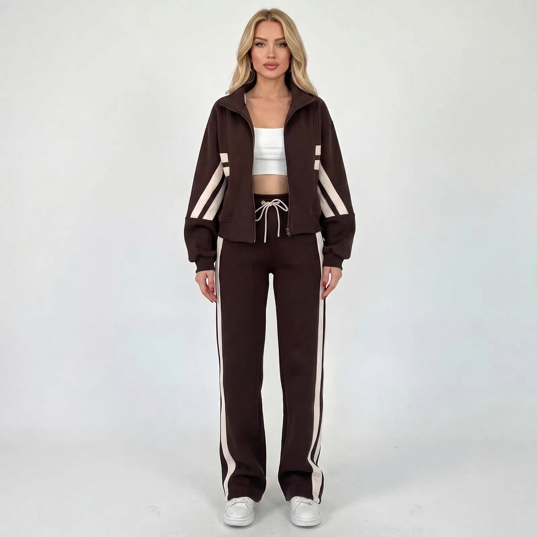Women's Striped Tracksuit Set Zip-Up Jacket Wide-Leg Jogger Pants Two-Piece Loungewear