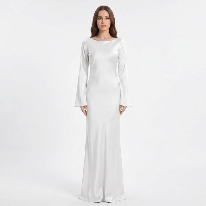 Women's Satin Maxi Dress Long Sleeve Scoop Neck Bodycon Formal Slip Gown