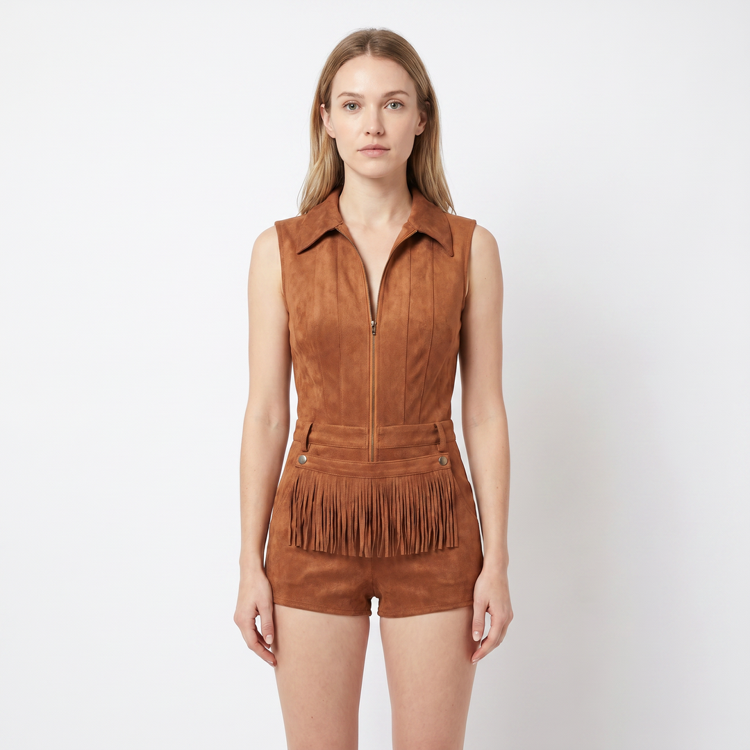 Women's Suede Fringe Romper Sleeveless Zip-Up Western Boho Short Playsuit