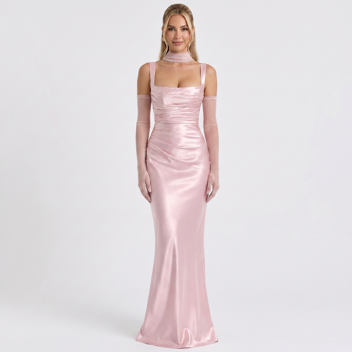 Women's Satin Ruched Maxi Dress Square Neck Sleeveless Tie-Neck Formal Gown