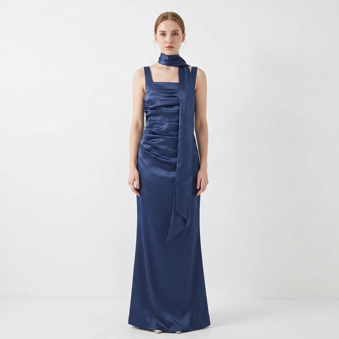 Women's Satin Ruched Maxi Dress Square Neck Sleeveless Tie-Neck Formal Gown