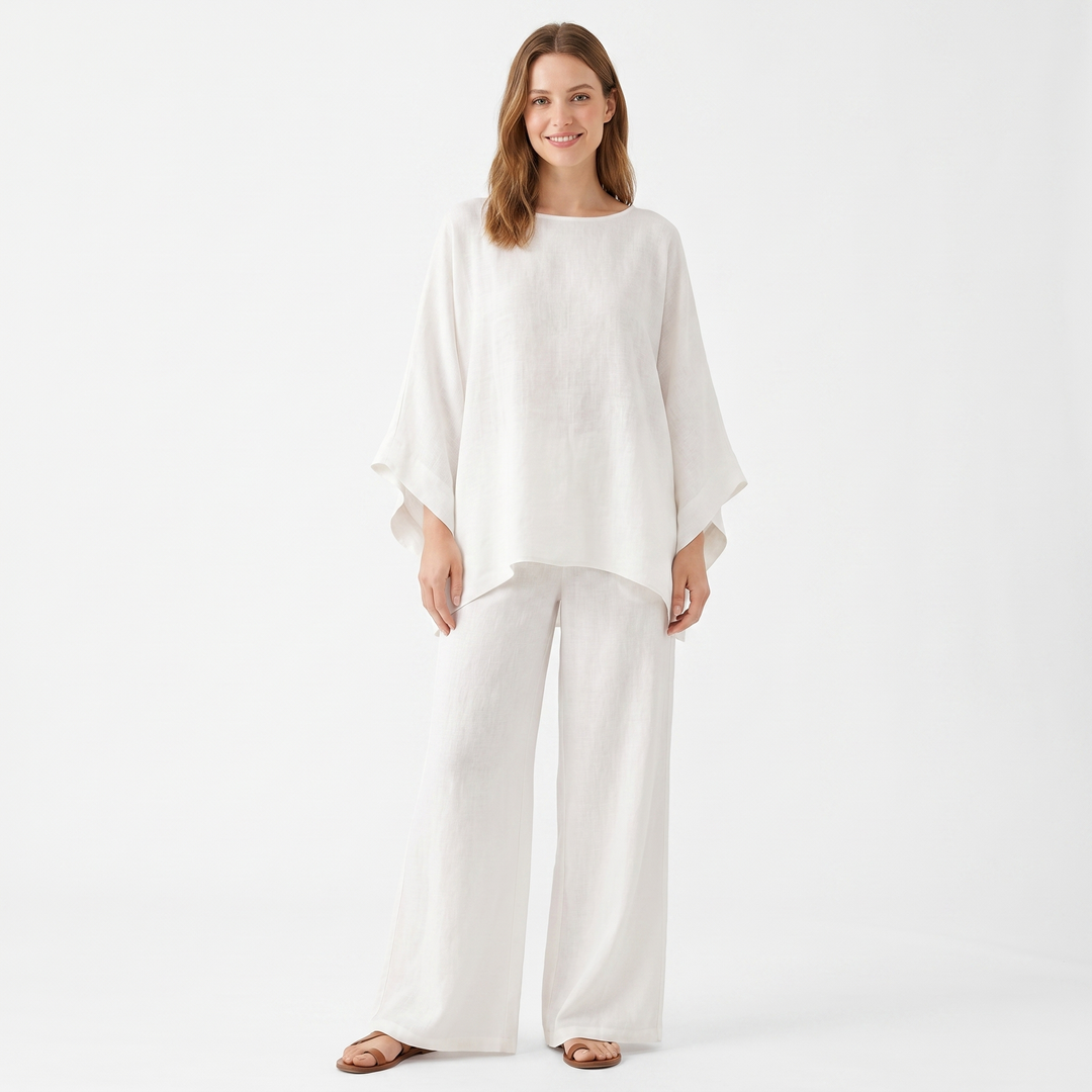 Women's Linen Two-Piece Set Oversized Poncho Top Wide-Leg Pants Casual Loungewear