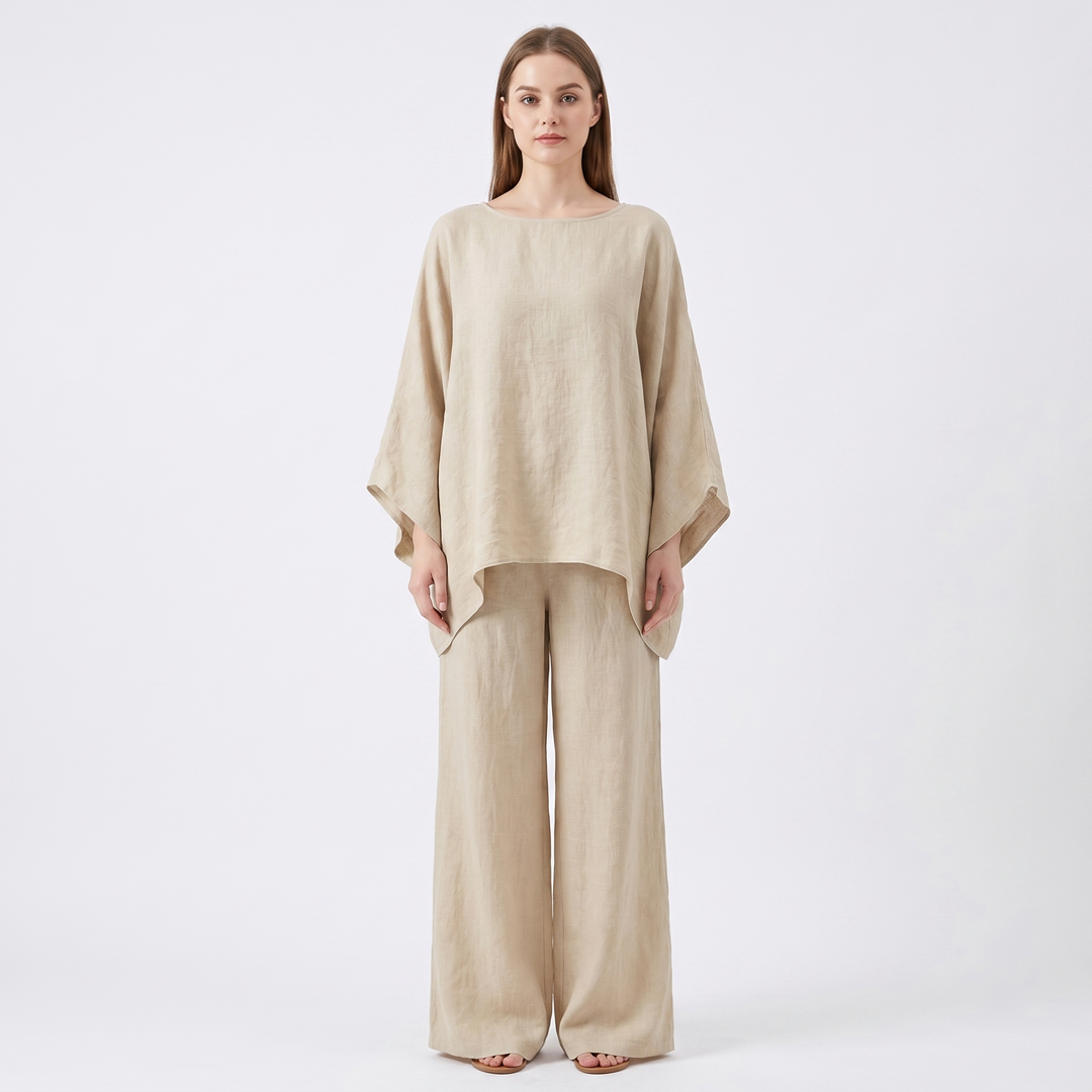 Women's Linen Two-Piece Set Oversized Poncho Top Wide-Leg Pants Casual Loungewear