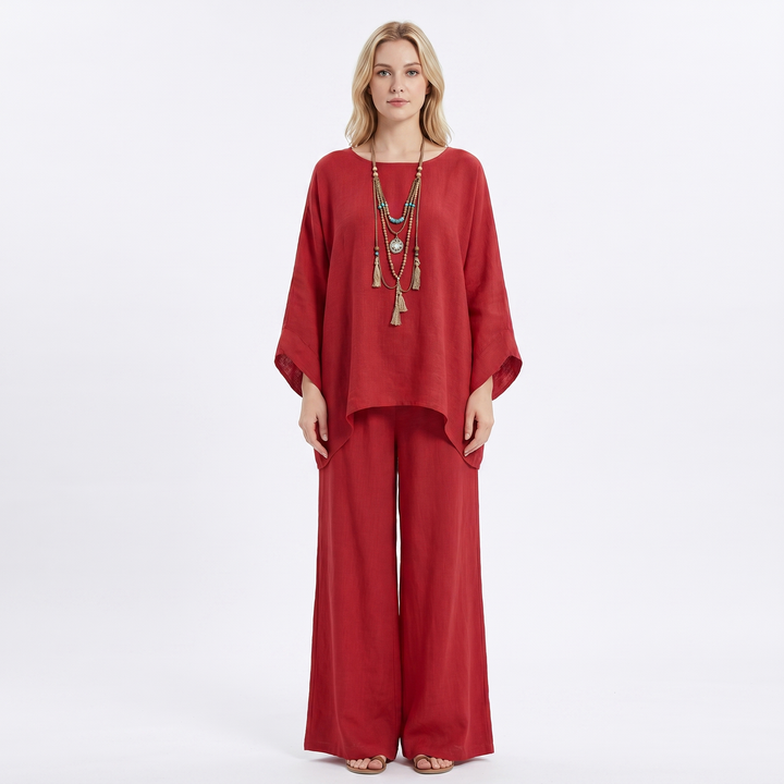 Women's Linen Two-Piece Set Oversized Poncho Top Wide-Leg Pants Casual Loungewear