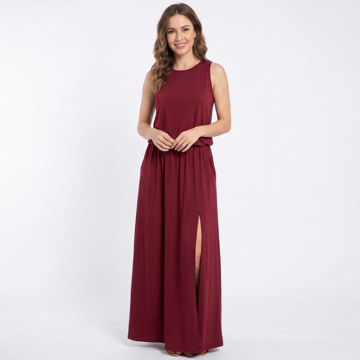 Women's Sleeveless Maxi Dress Elastic Waist Side Split Casual Summer Long Dress