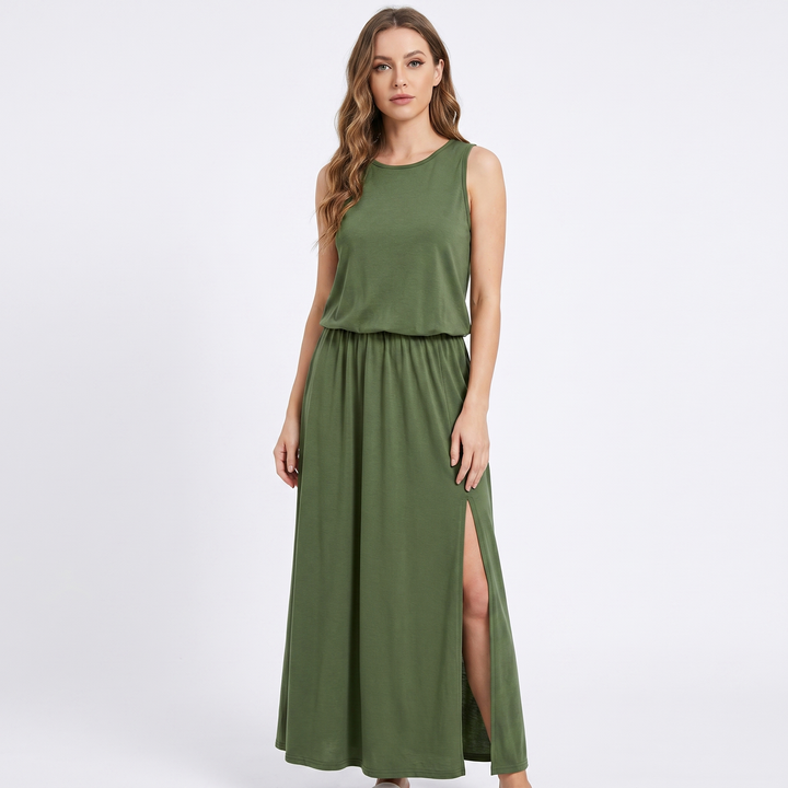 Women's Sleeveless Maxi Dress Elastic Waist Side Split Casual Summer Long Dress