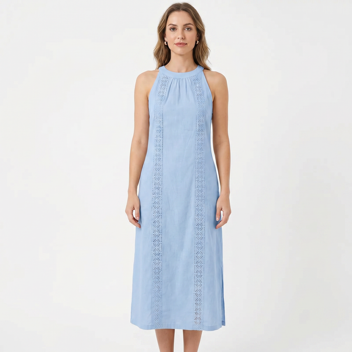 Women's Cotton Linen Halter Neck Maxi Dress Lace Trim Side Split Boho Summer Dress