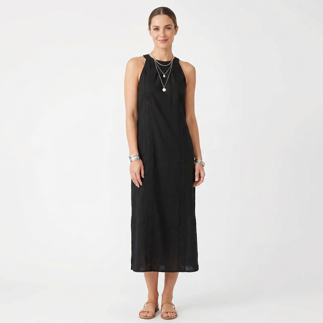 Women's Cotton Linen Halter Neck Maxi Dress Lace Trim Side Split Boho Summer Dress