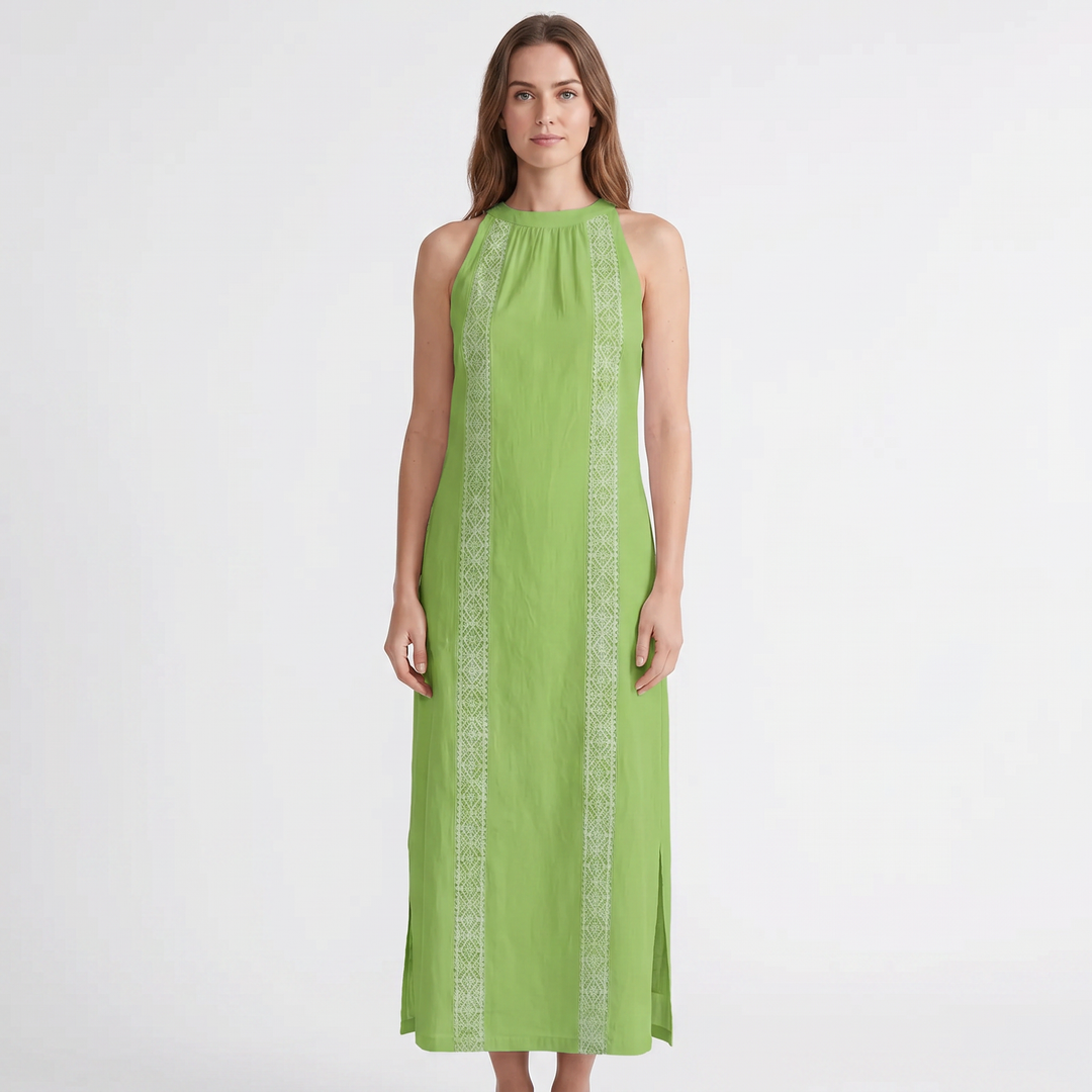 Women's Cotton Linen Halter Neck Maxi Dress Lace Trim Side Split Boho Summer Dress