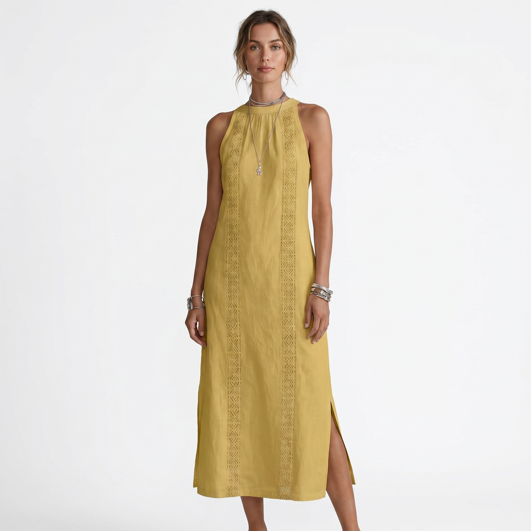 Women's Cotton Linen Halter Neck Maxi Dress Lace Trim Side Split Boho Summer Dress