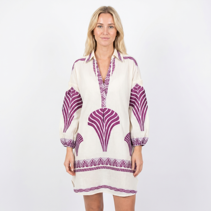 Women's Boho Print Long Sleeve Shirt Dress V-Neck Oversized Casual Mini Dress