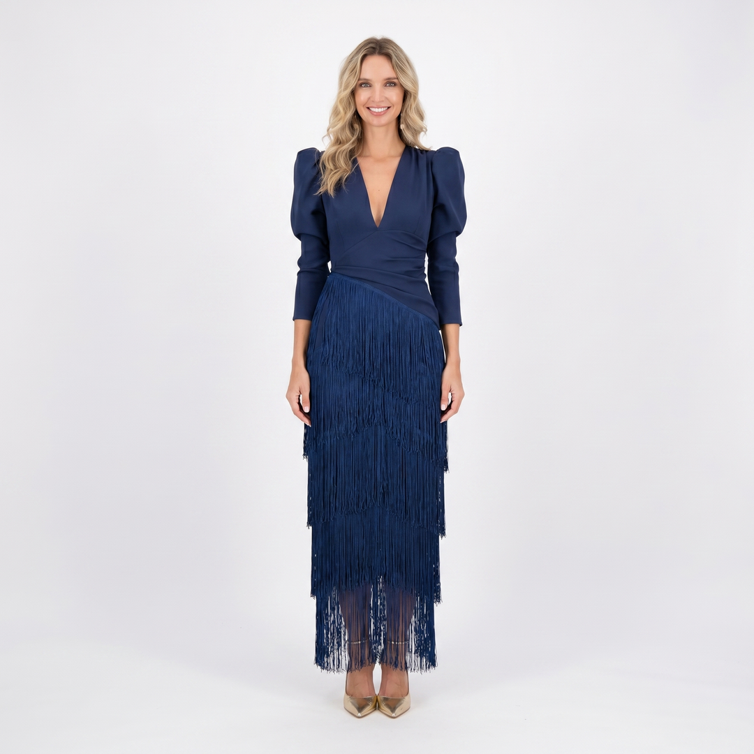 Women's Fringe Tiered Maxi Dress Deep V-Neck Long Sleeve Formal Occasion Gown