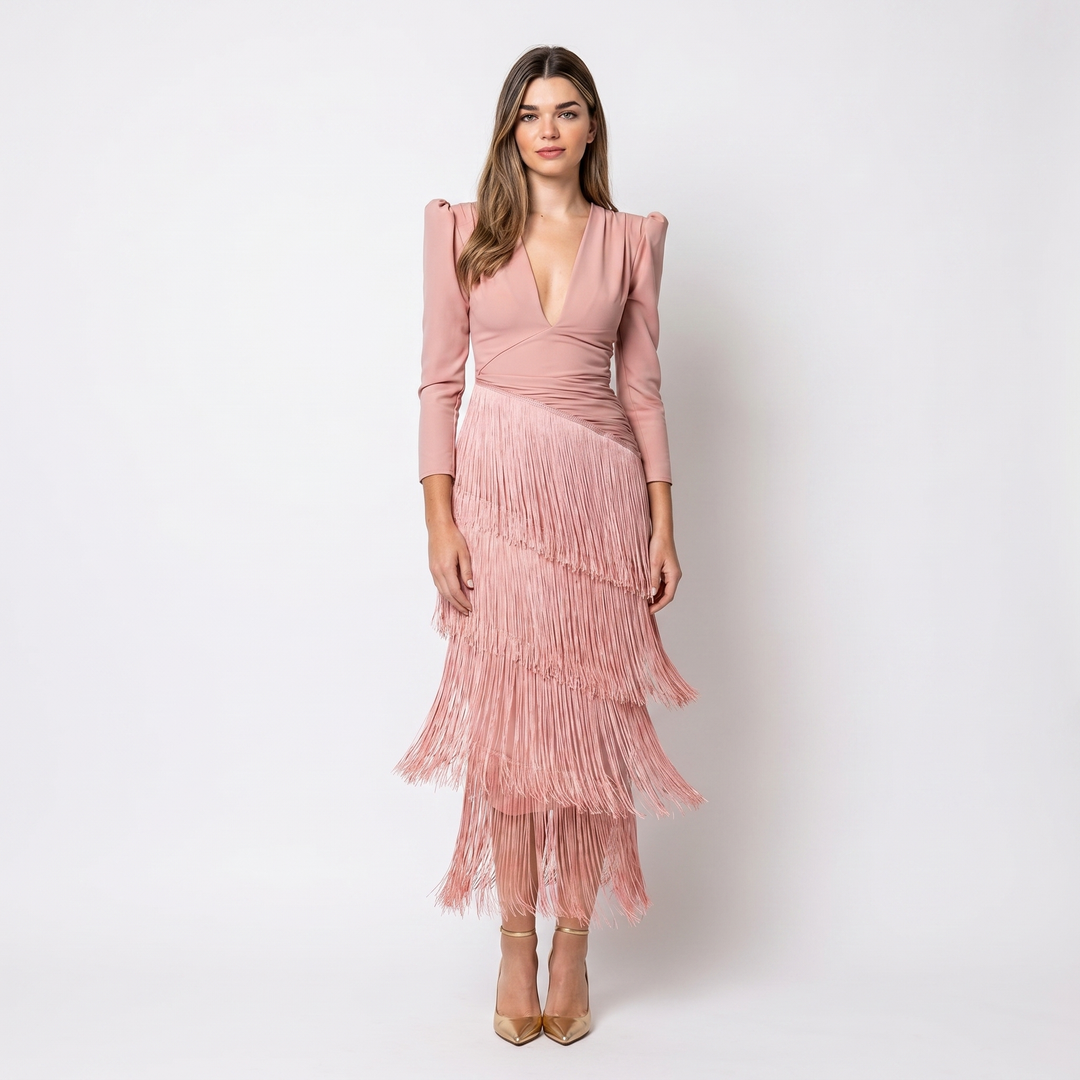Women's Fringe Tiered Maxi Dress Deep V-Neck Long Sleeve Formal Occasion Gown