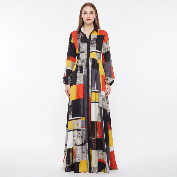 Women's Geometric Print Maxi Shirt Dress Long Sleeve Button-Down A-Line Casual Dress