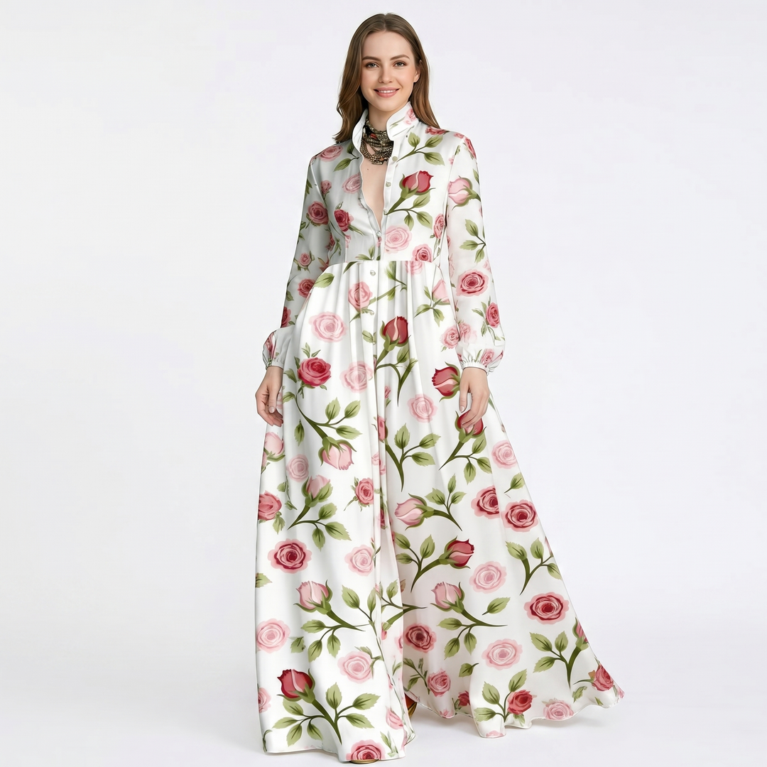 Women's Geometric Print Maxi Shirt Dress Long Sleeve Button-Down A-Line Casual Dress